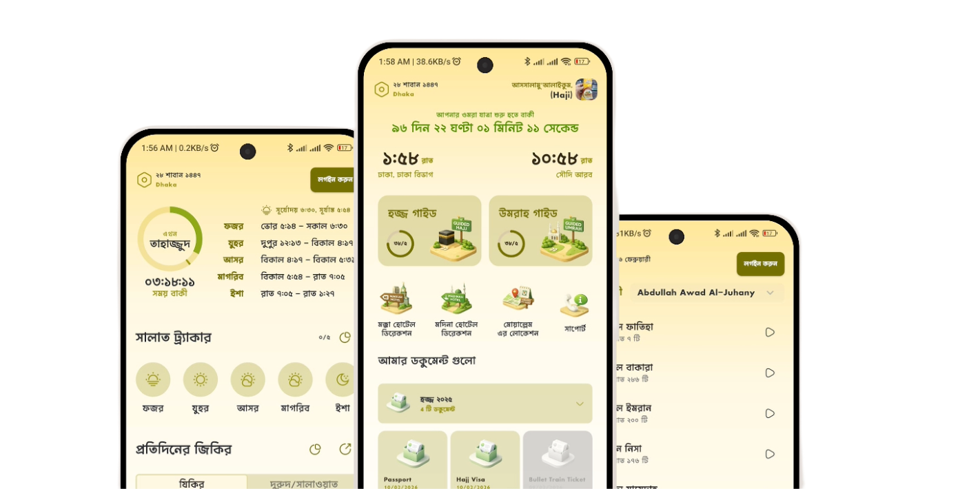 Labbayk app screenshots showing home, prayer times, and Quran on three phones